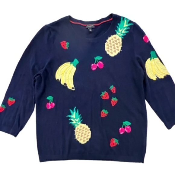 Talbots Navy Blue Embroidered Fruit Knit Pullover Sweater Women's Sz Large P - Picture 1 of 11